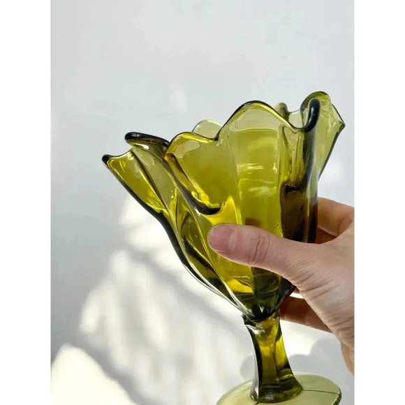 MCM Avocado Green Ruffled Blown Glass Pedestal Compote Candy Dish | Bowl - Picture 8 of 10